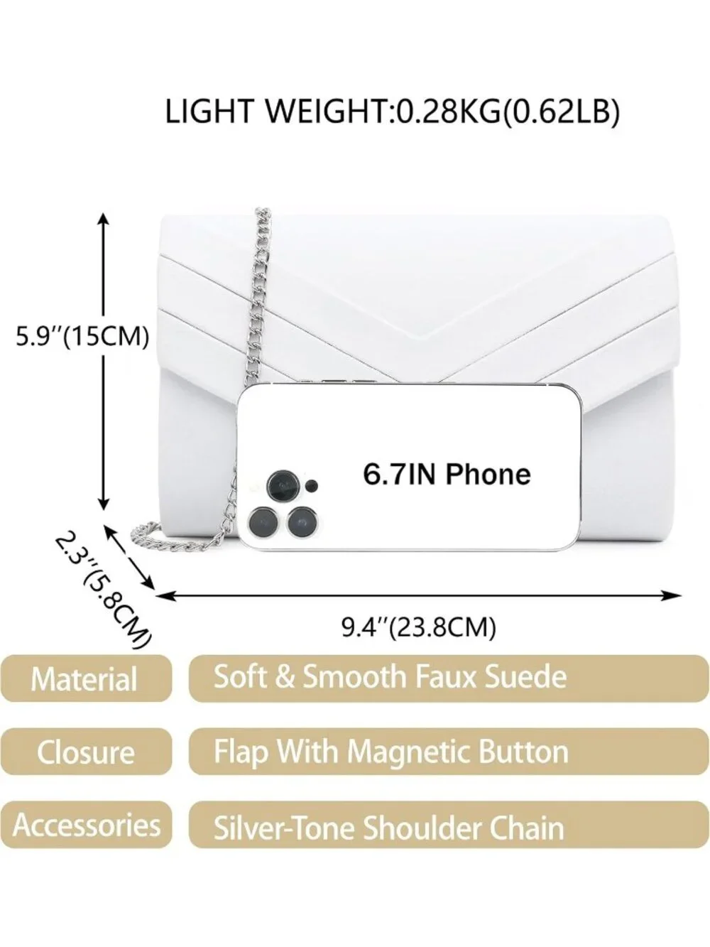 Women's White Suede Pleated Clutch Purse For Evening Cross Body Bag Chain